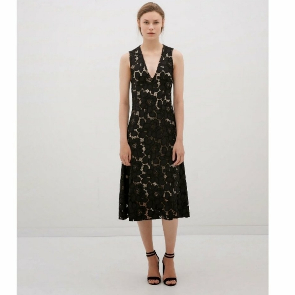 Zara Blue Black Illusion Lace V-neck Sleeveless Midi Dress Size Small